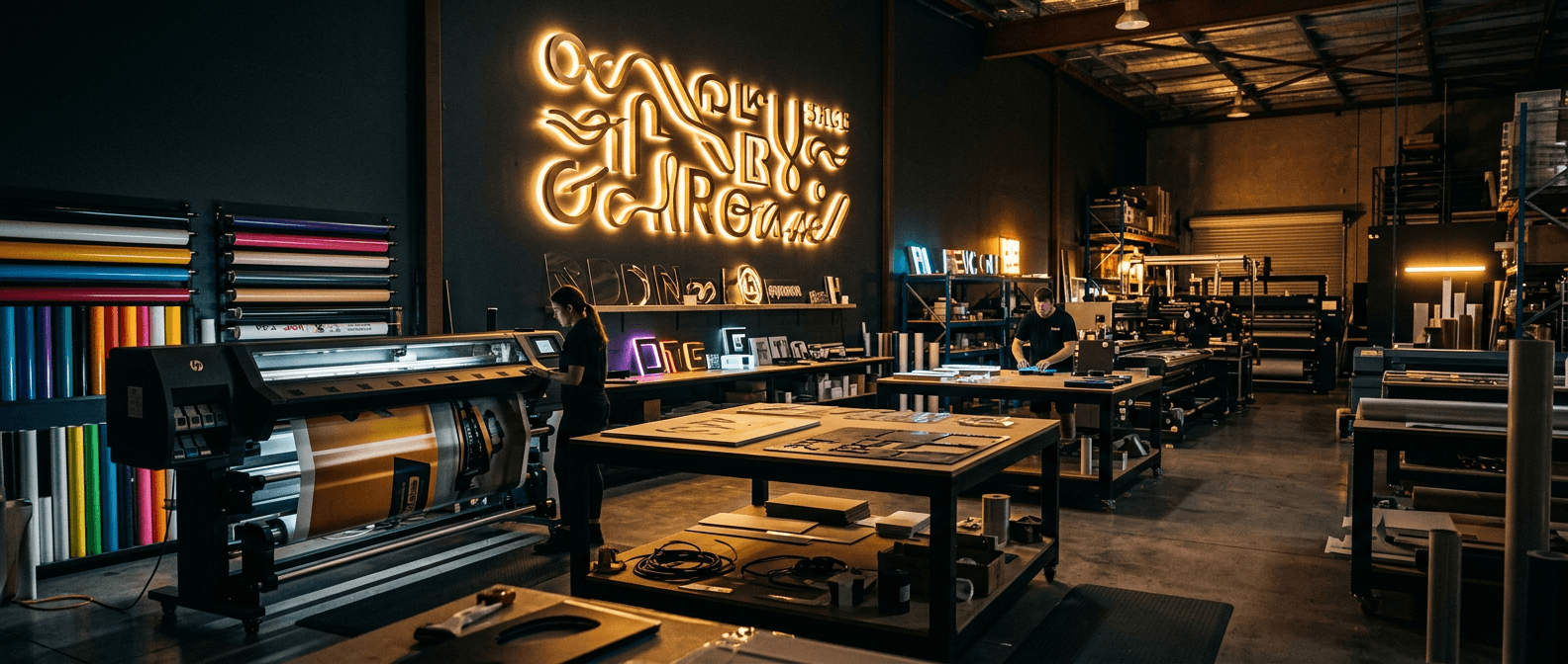 Modern printing workshop with illuminated 3D LED letters and a large format flex printer